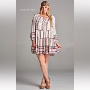 NWT Velzera Off-Shoulder Boho Tiered Dress with Red and Cream Pattern
